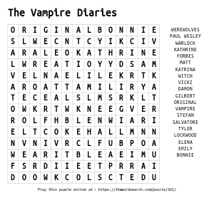 Word Search on The Vampire Diaries