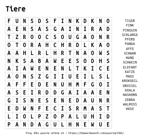 Word Search on Tiere