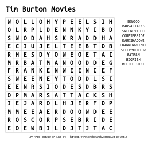 Word Search on Tim Burton Movies