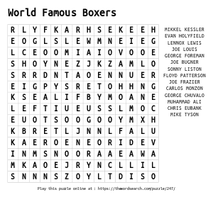 Word Search on World Famous Boxers