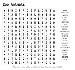 Word Search on Zoo Animals