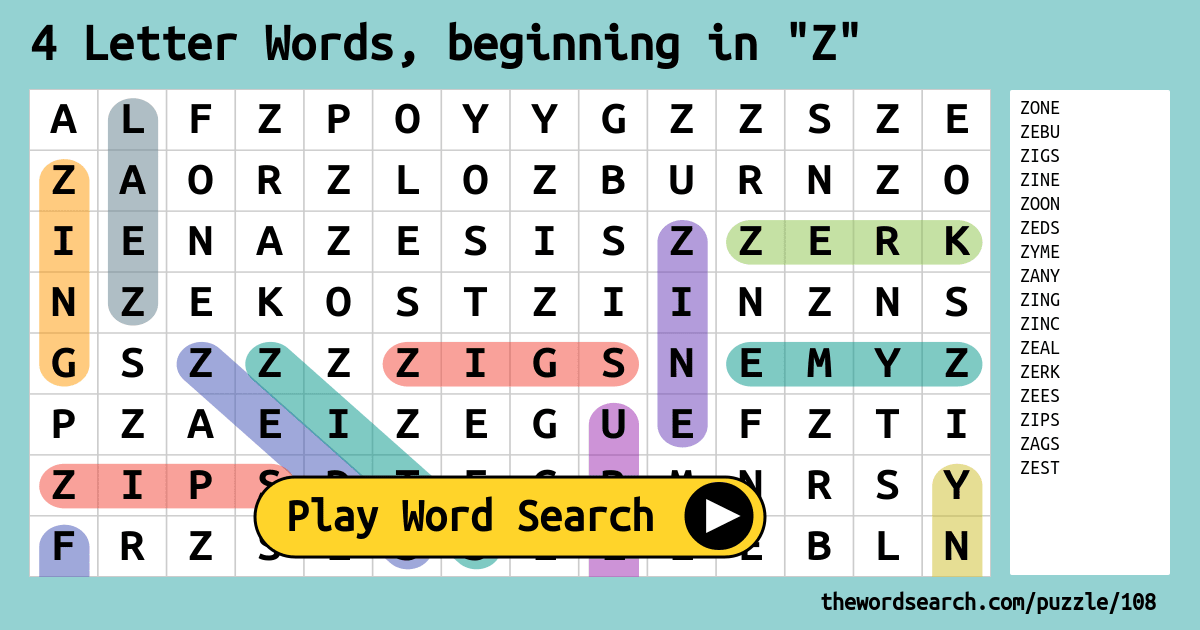 4 Letter Words, beginning in B Word Search