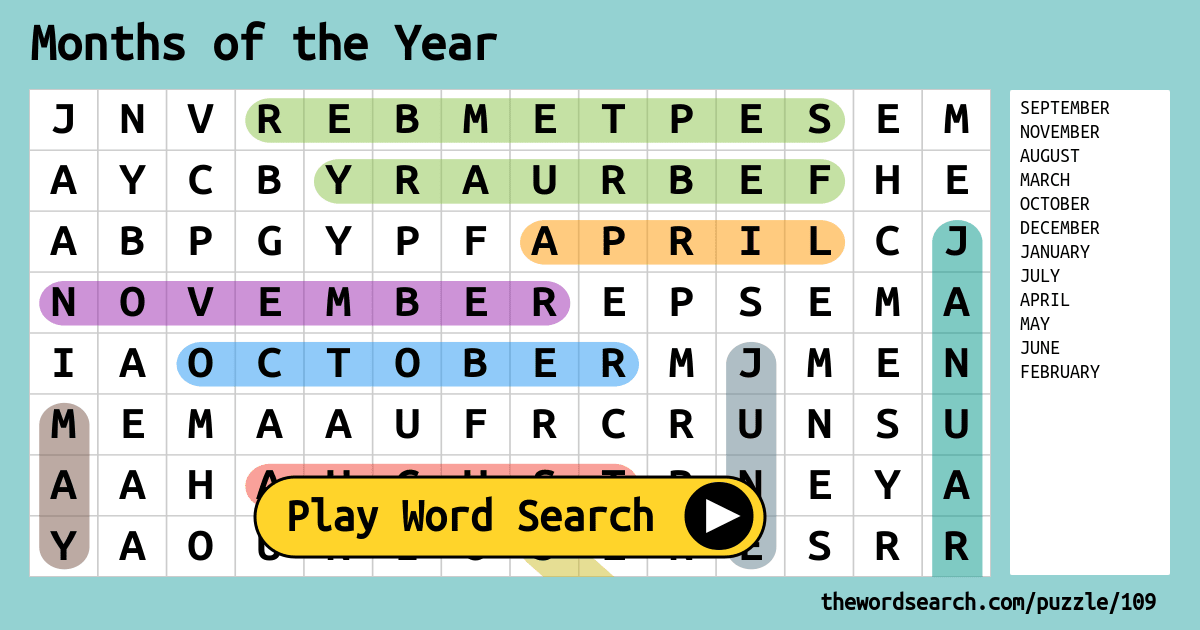 Months Of The Year Word Search