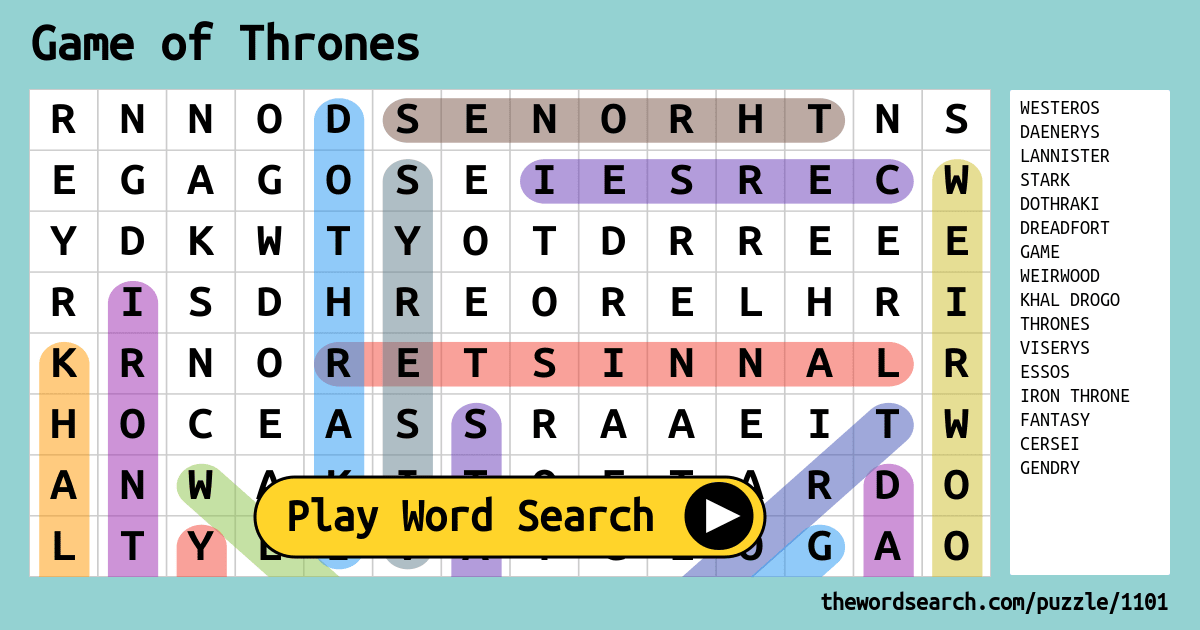 Download Word Search On Game Of Thrones