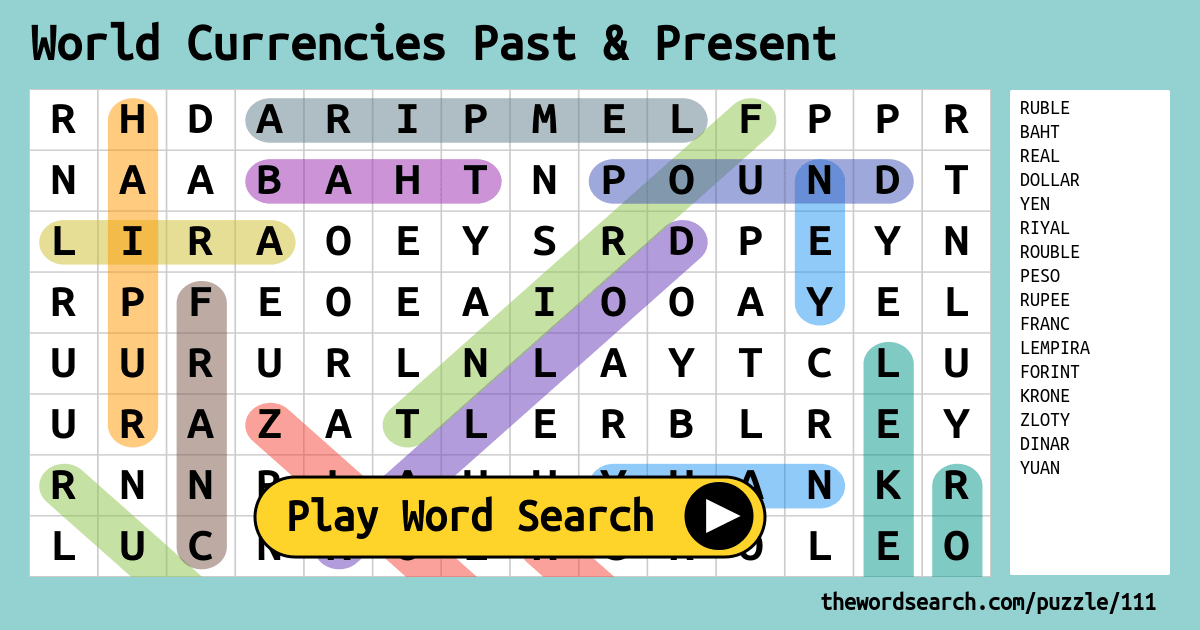 World Currencies Past Present Word Search