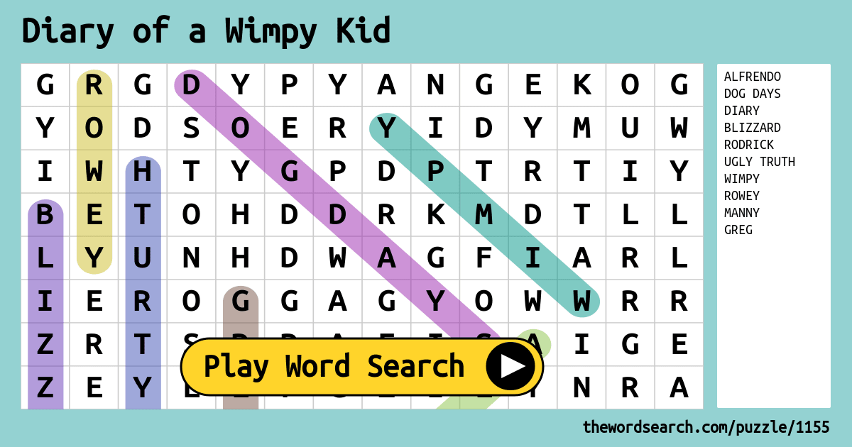 Diary Of A Wimpy Kid Printable Word Search