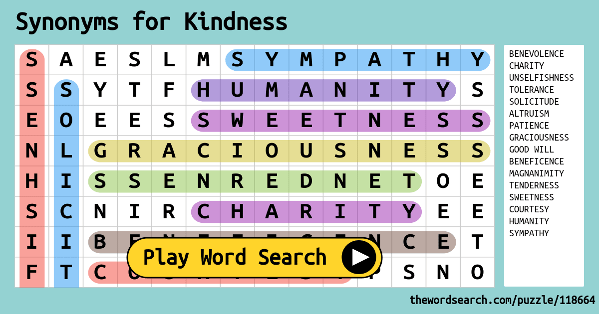 Synonyms For Kindness Word Search