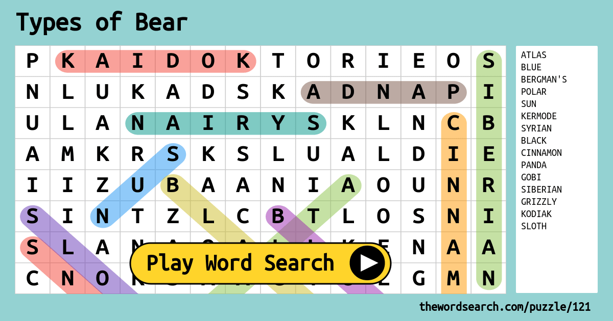 Types Of Bear Word Search