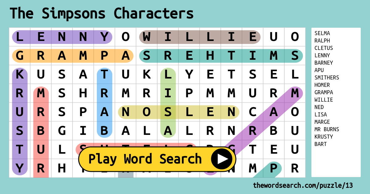 The Simpsons Characters Word Search