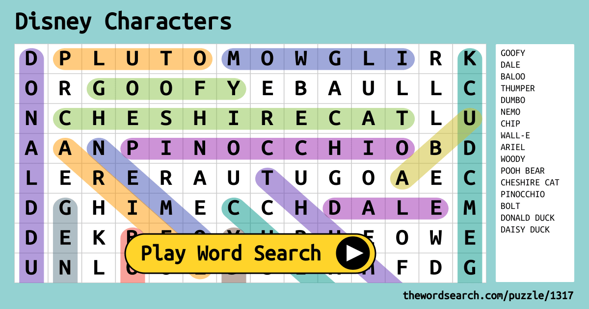 Disney Characters Word Search Disney Characters Word Search