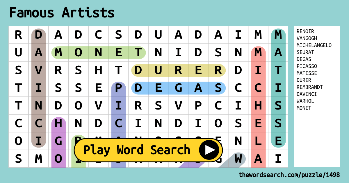 Famous Artists Word Search