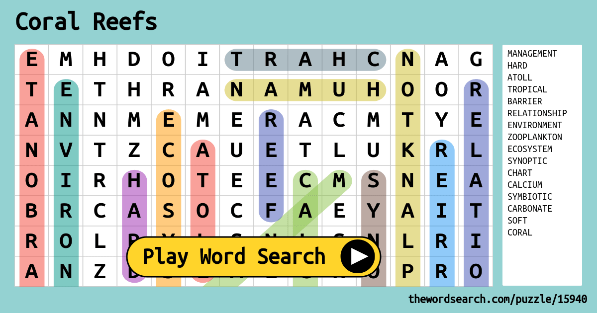 Coral Reef Word Search Printable