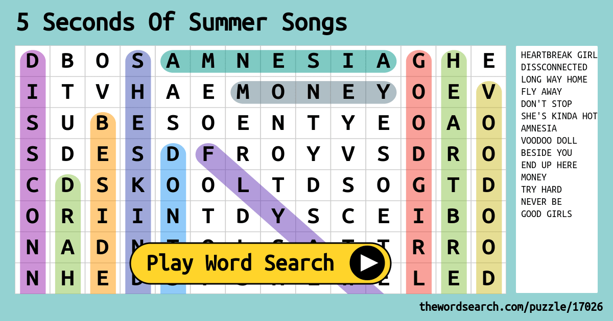 5 Seconds Of Summer Songs Word Search