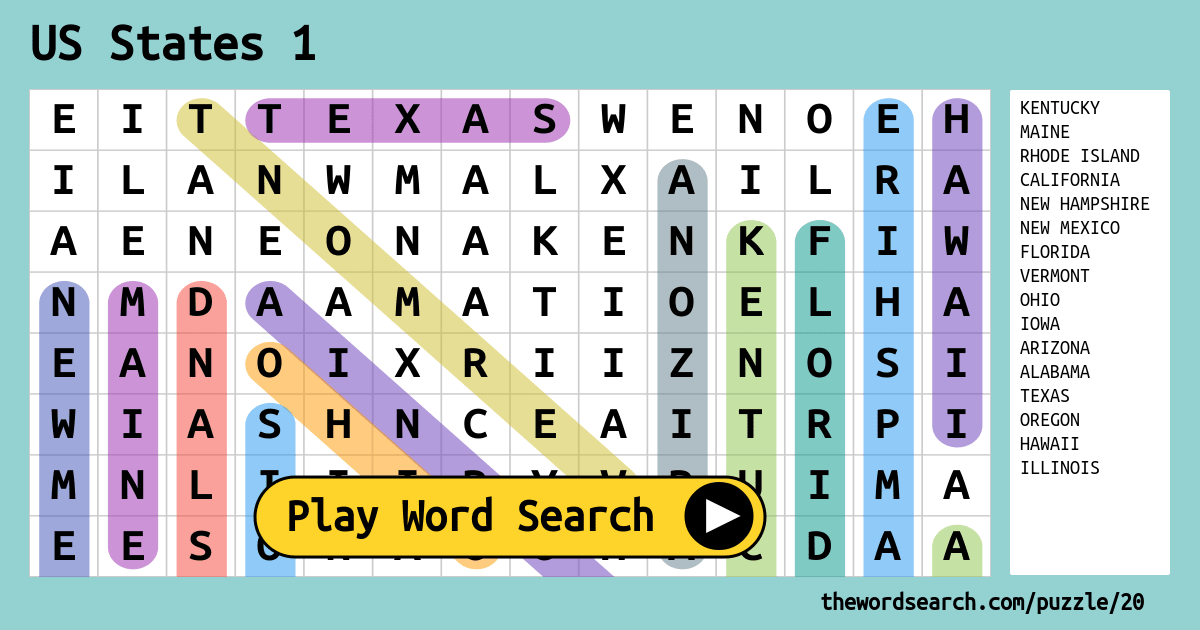 US States 1 Word Search