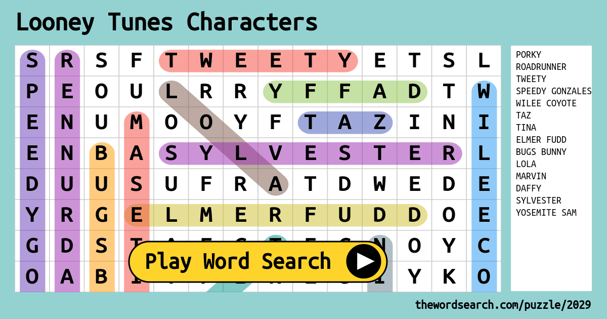 Download Word Search On Looney Tunes Characters