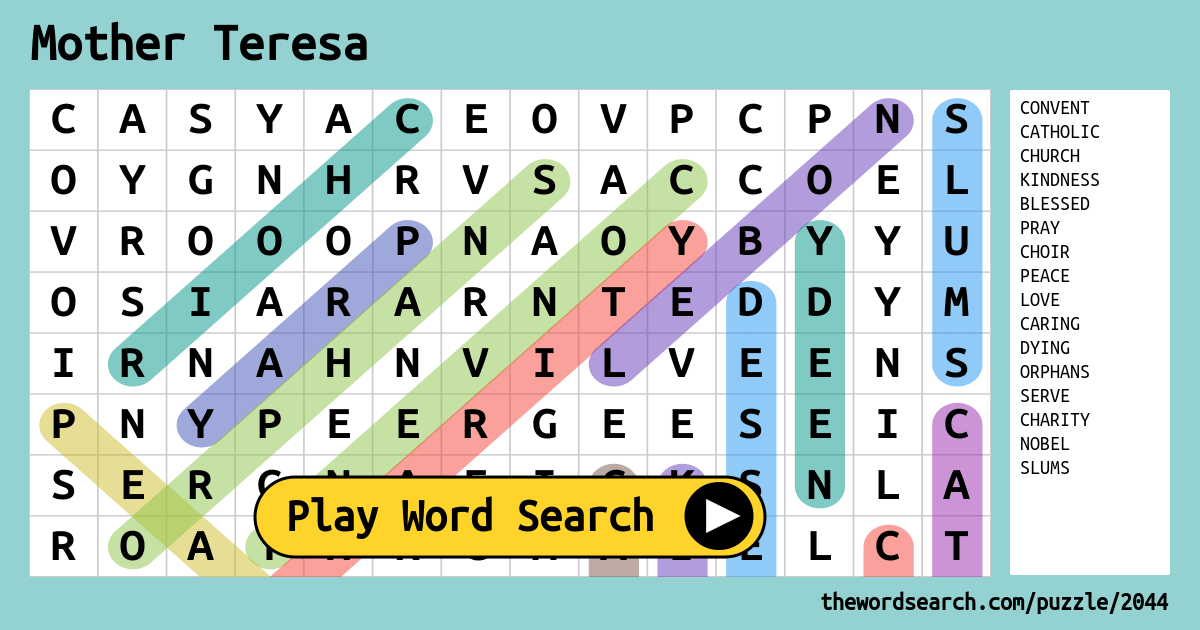 mother teresa word search