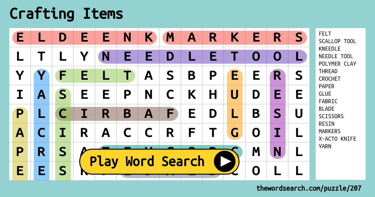 Crafting Items Word Search