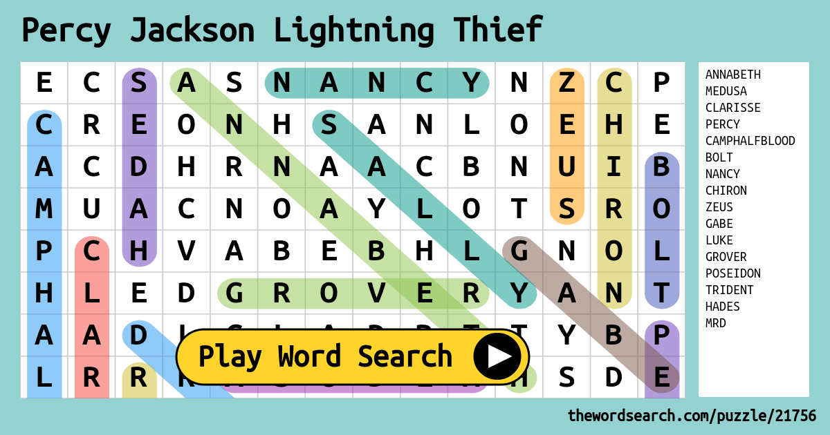 Percy Jackson Lightning Thief Word Search