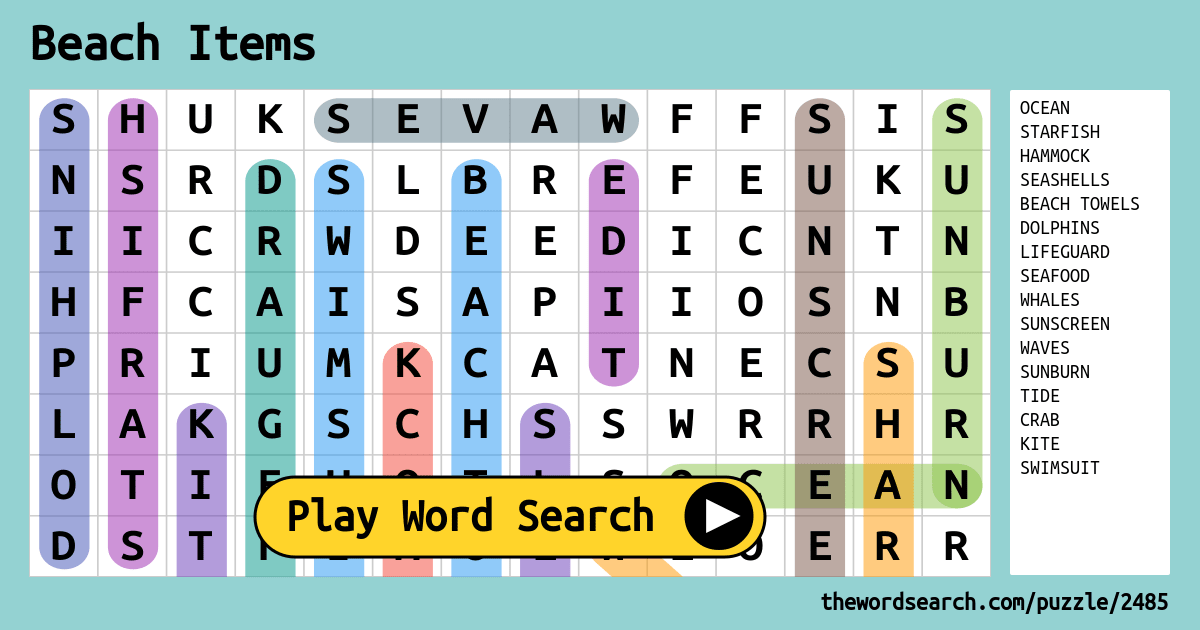 Beach Items Word Search