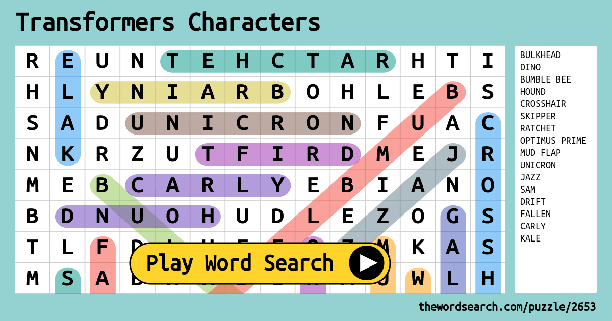 Transformers Characters Word Search