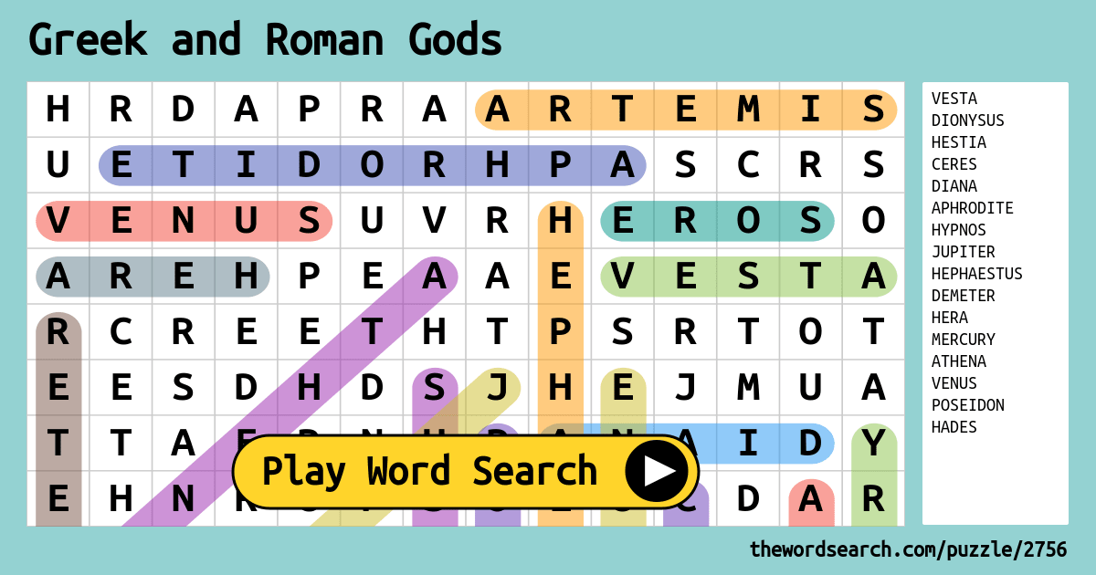 Greek And Roman Gods Word Search