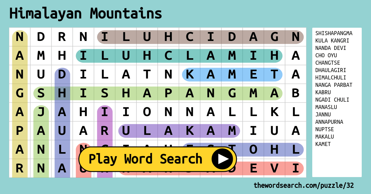 Himalayan Mountains Word Search