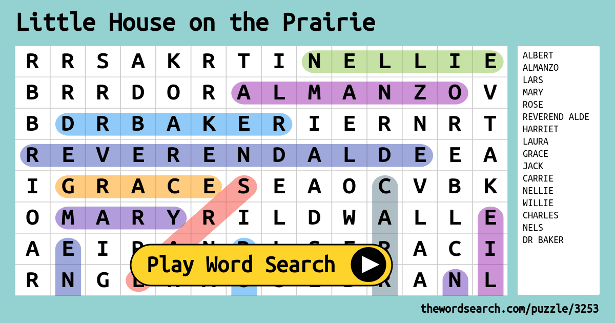 Little House On The Prairie Word Search