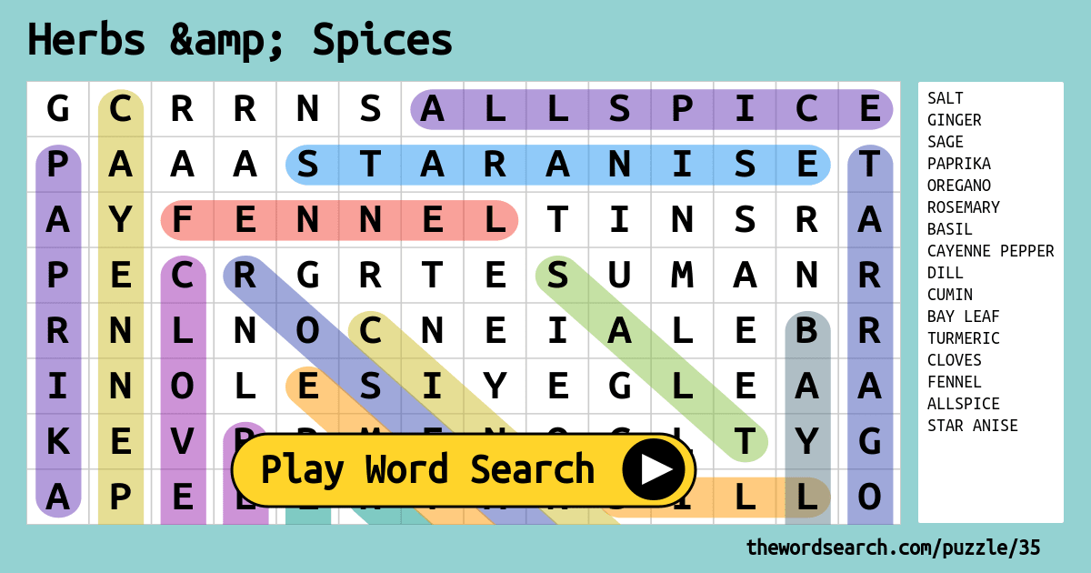 Herbs Spices Word Search