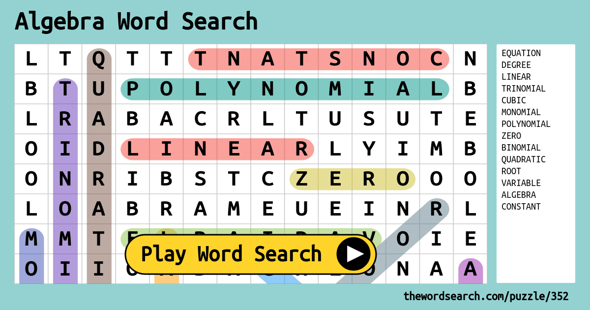 Algebra Word Search Word Search