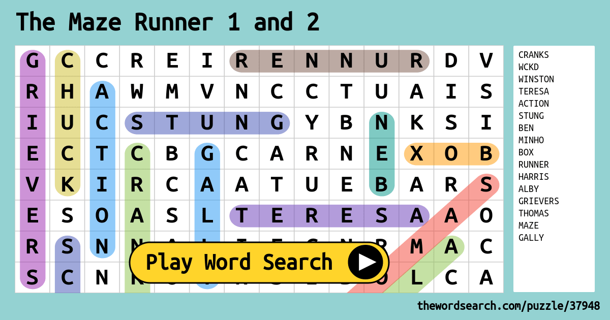 The Maze Runner 1 And 2 Word Search