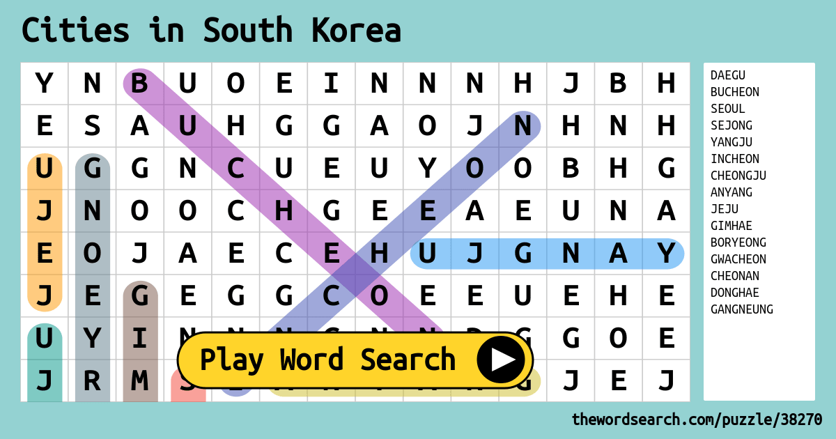 Cities In South Korea Word Search