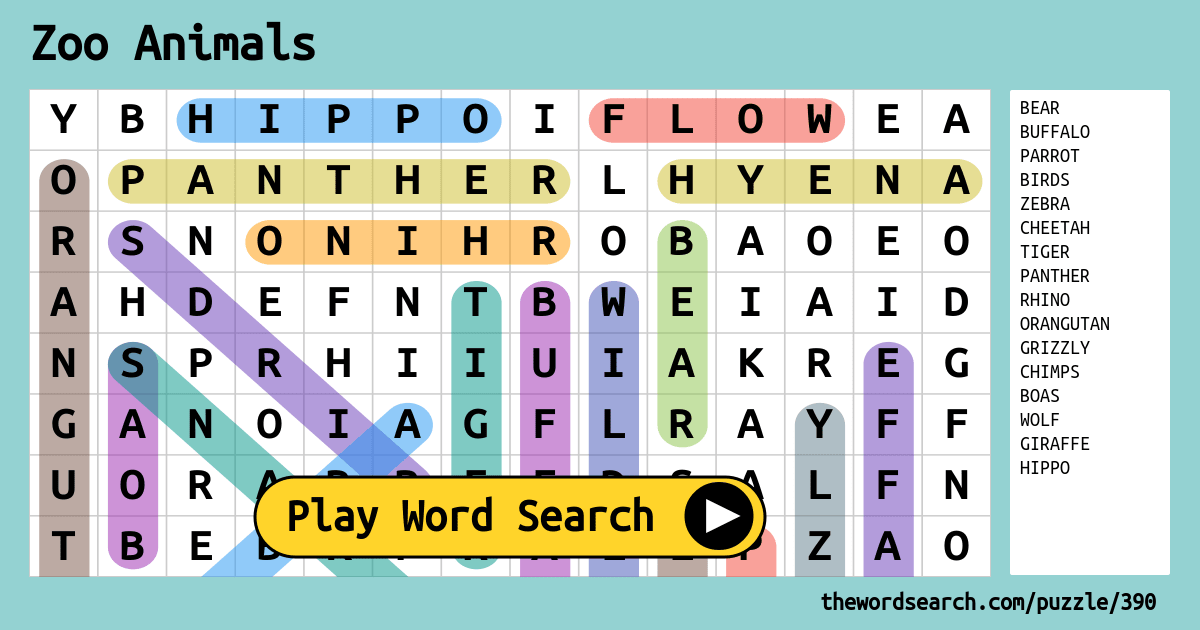 zoo animals word search