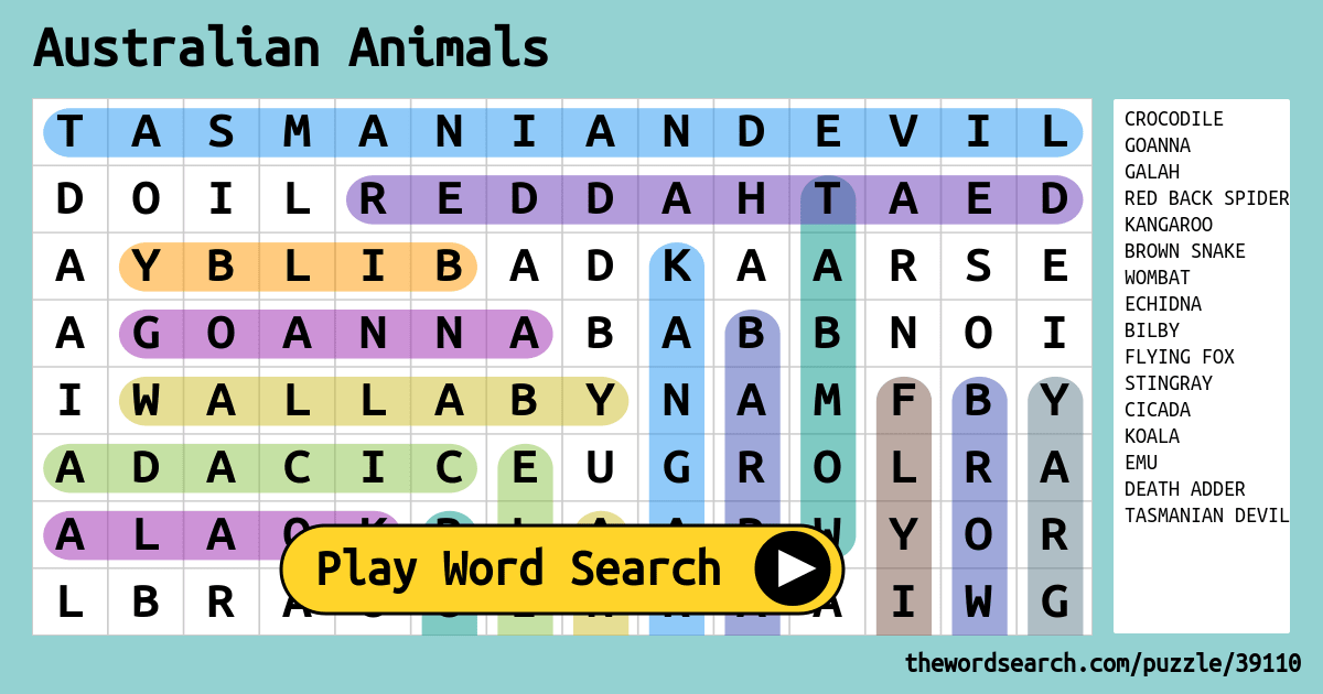 Australian Animals Word Search