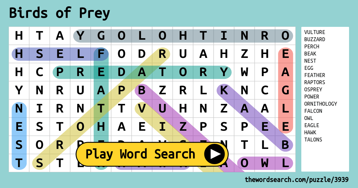 Birds Of Prey Word Search