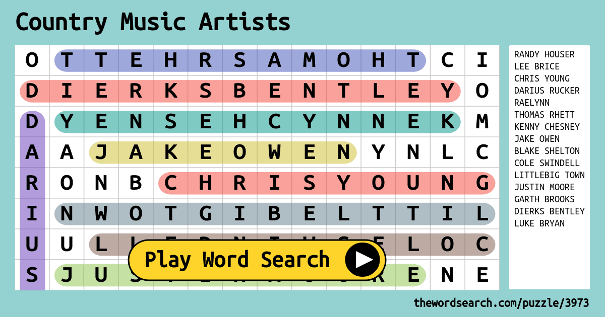 Country Music Artists Word Search