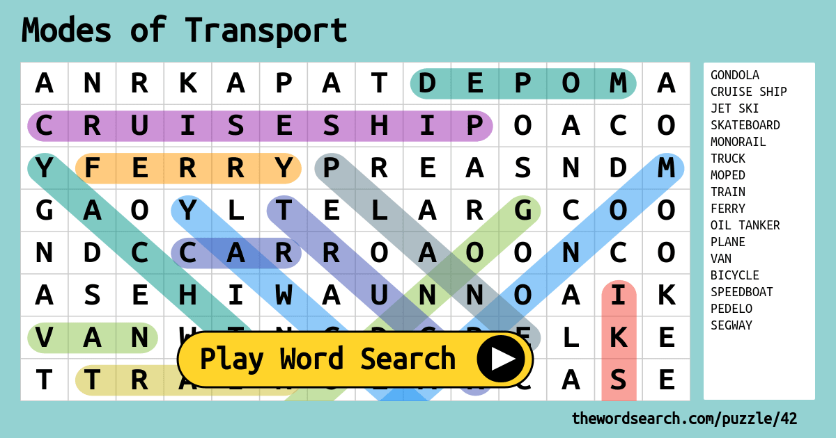 Modes Of Transport Word Search