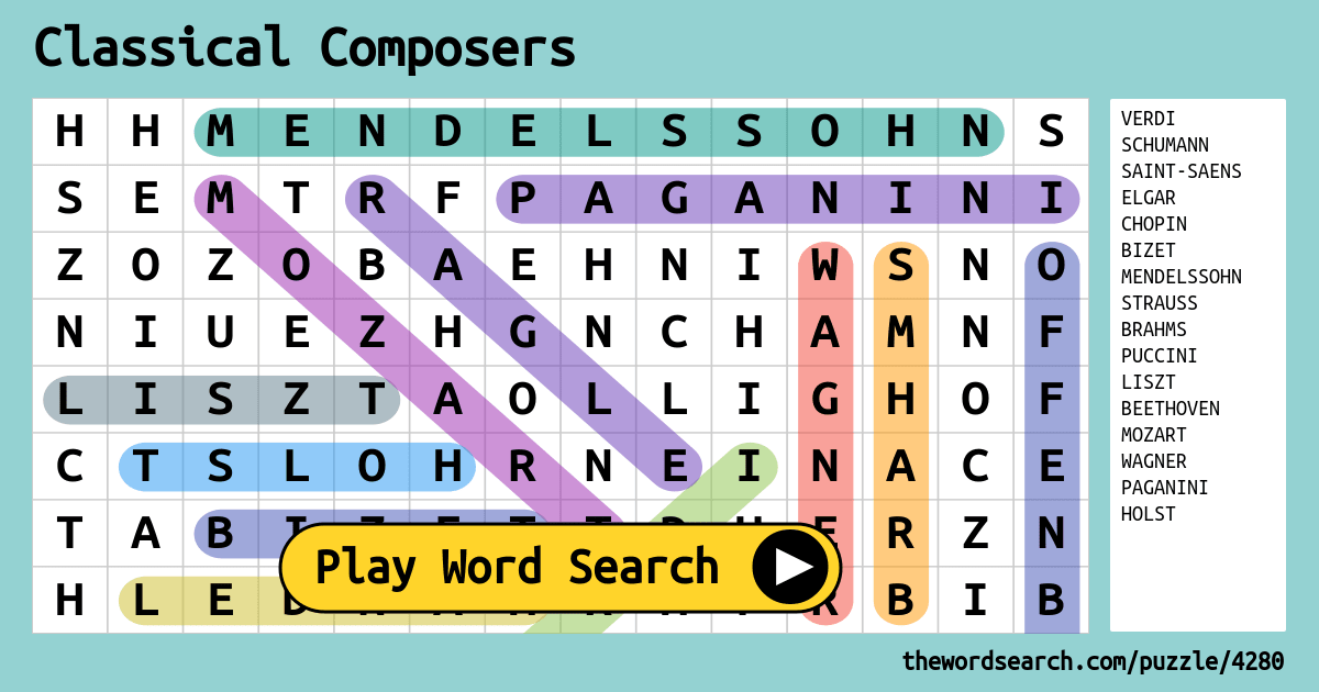 Classical Composers Word Search