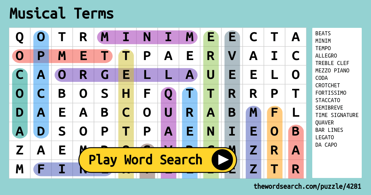 Musical Terms Word Whizzle Search