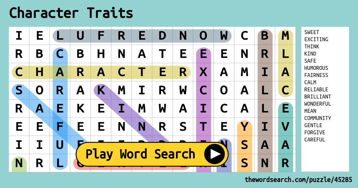 Character Traits Word Search