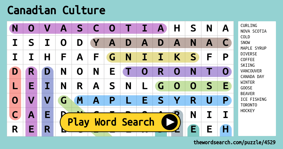 Canada Word Search Printable