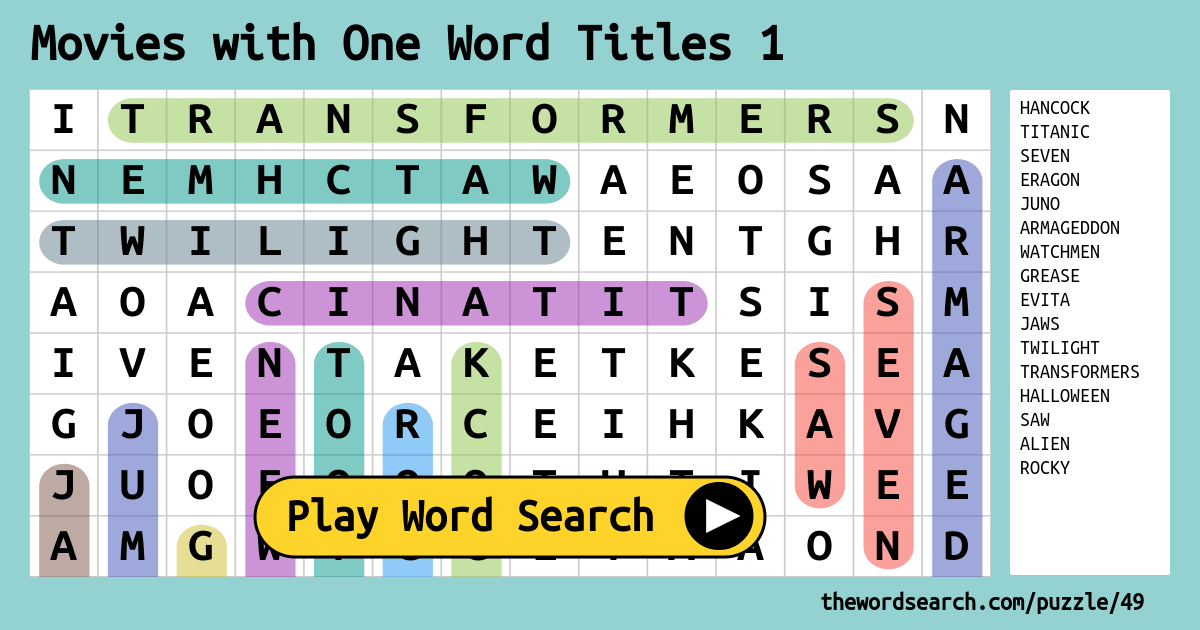 Movies with One Word Titles 1 Word Search