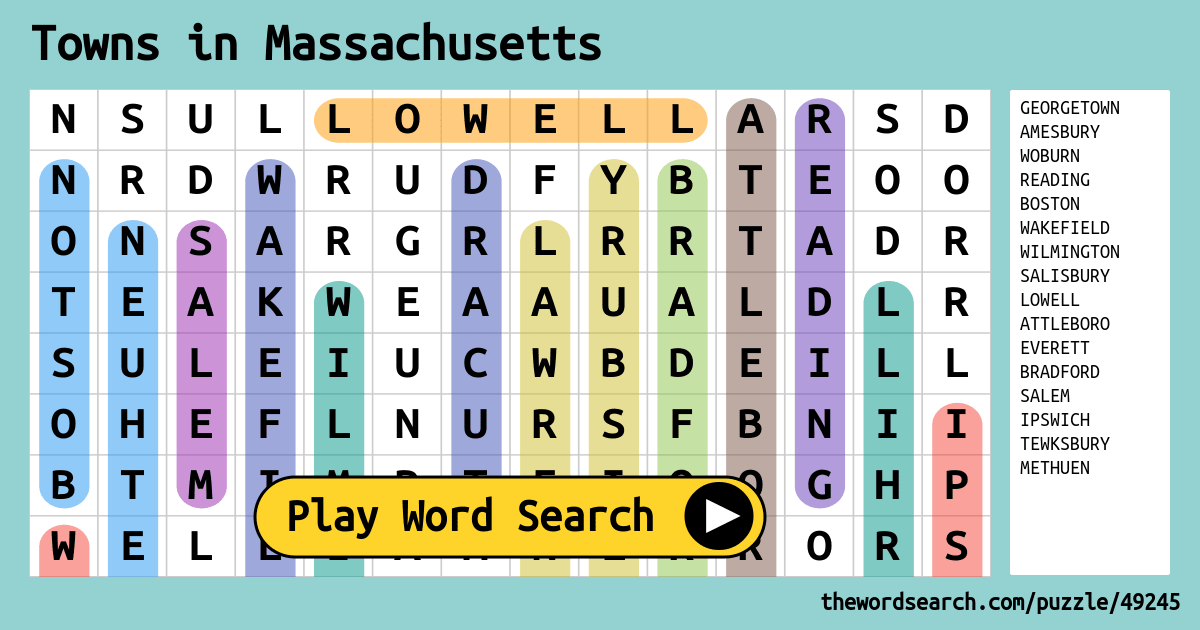 Towns In Massachusetts Word Search