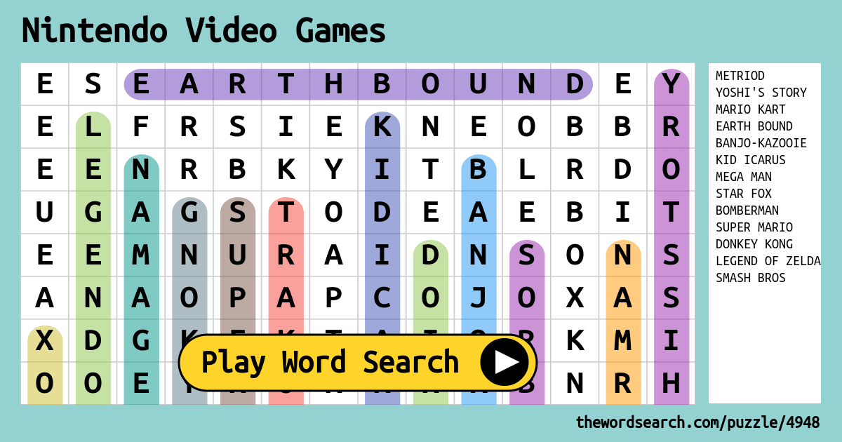nintendo video games word search