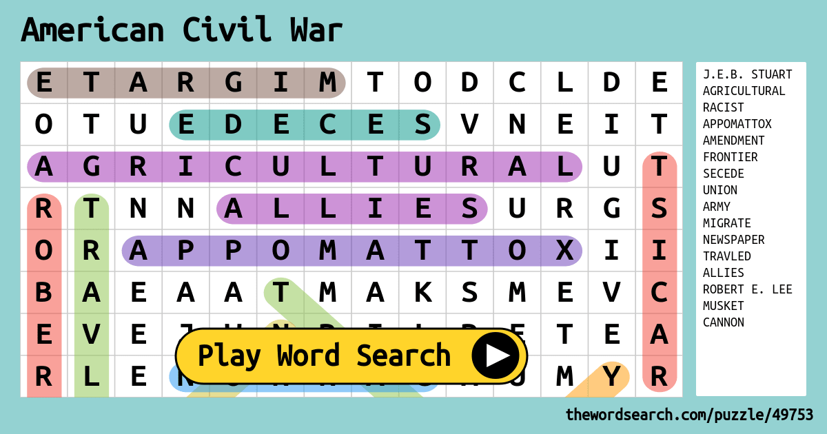 American Civil War Word Search Monster Word Search Civil War Word Search Wordmint Fiona Walters