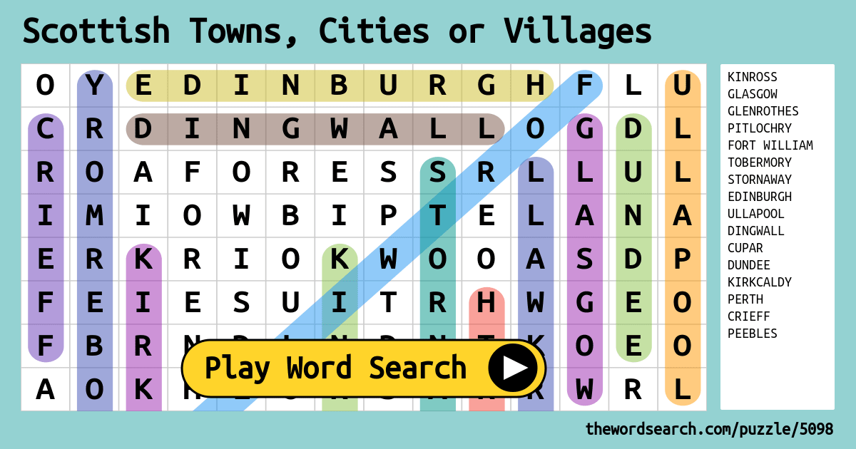 Scottish Towns, Cities or Villages Word Search