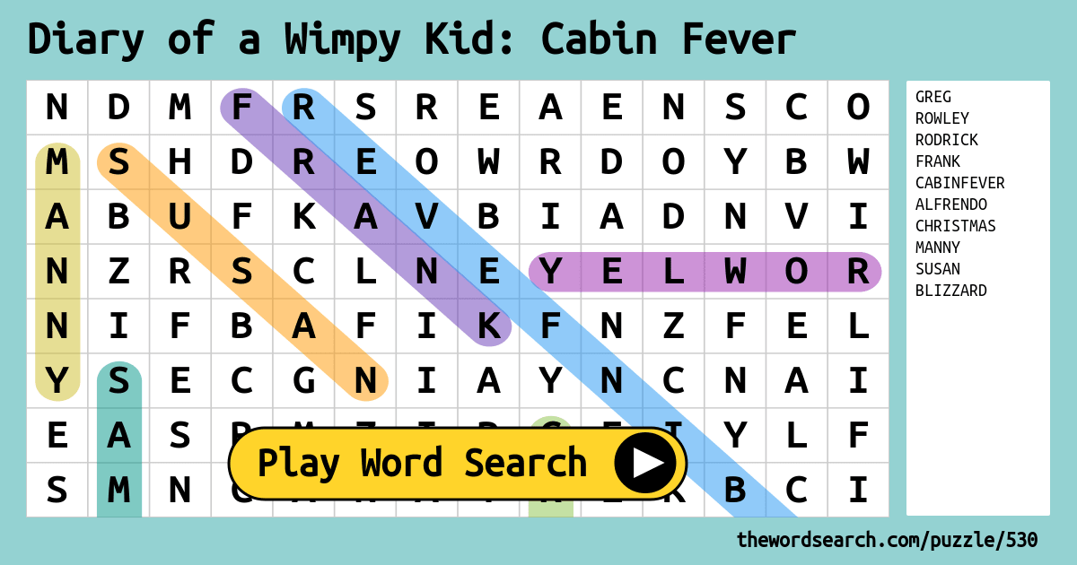 Diary Of A Wimpy Kid Cabin Fever Word Search