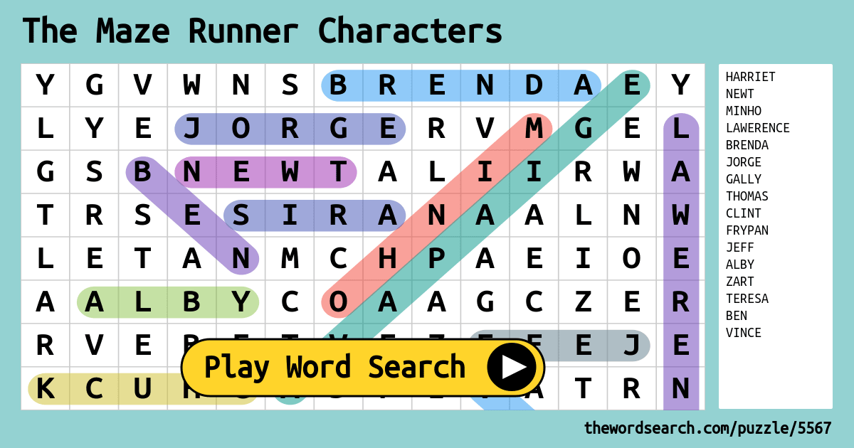 The Maze Runner Characters Word Search