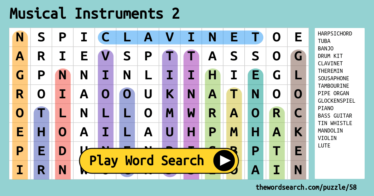 Musical Instruments Word Search Printable