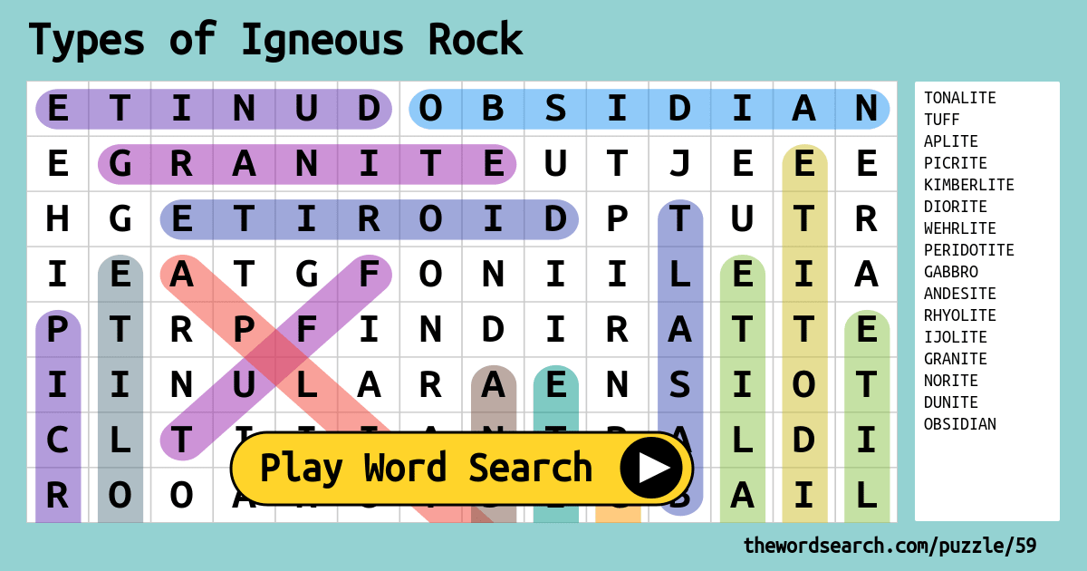 Types Of Igneous Rock Word Search