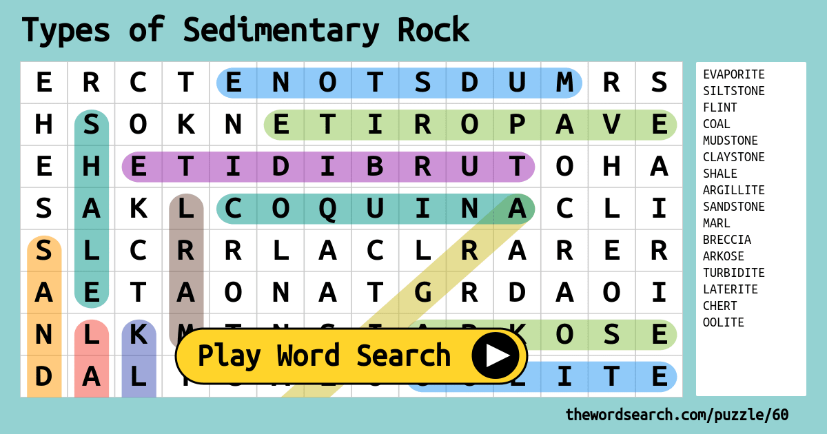 Types Of Sedimentary Rock Word Search